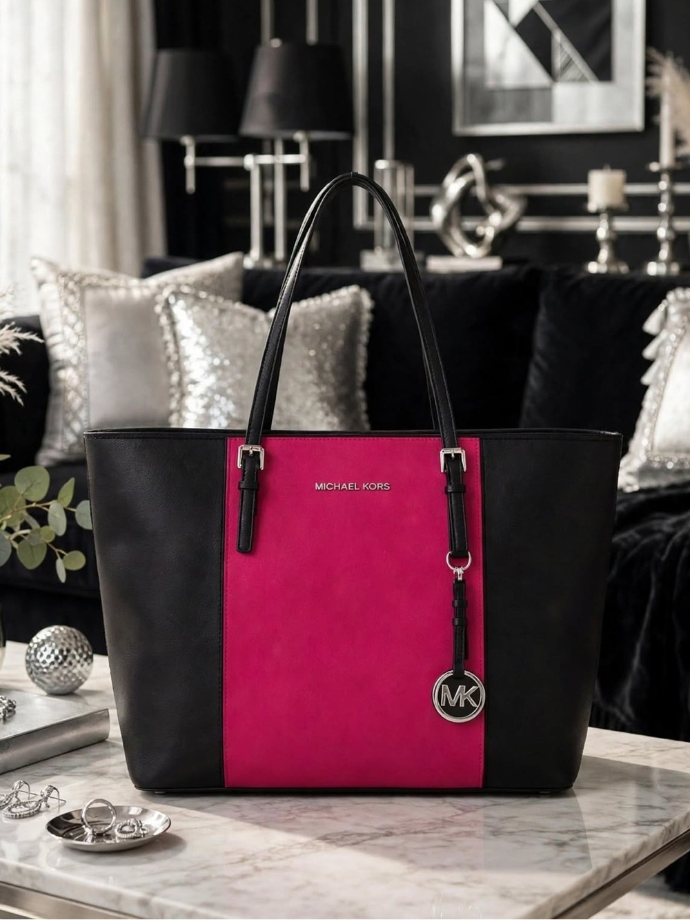 Michael Michael Kors Jet Set Center Stripe  Travel Tote purple and black